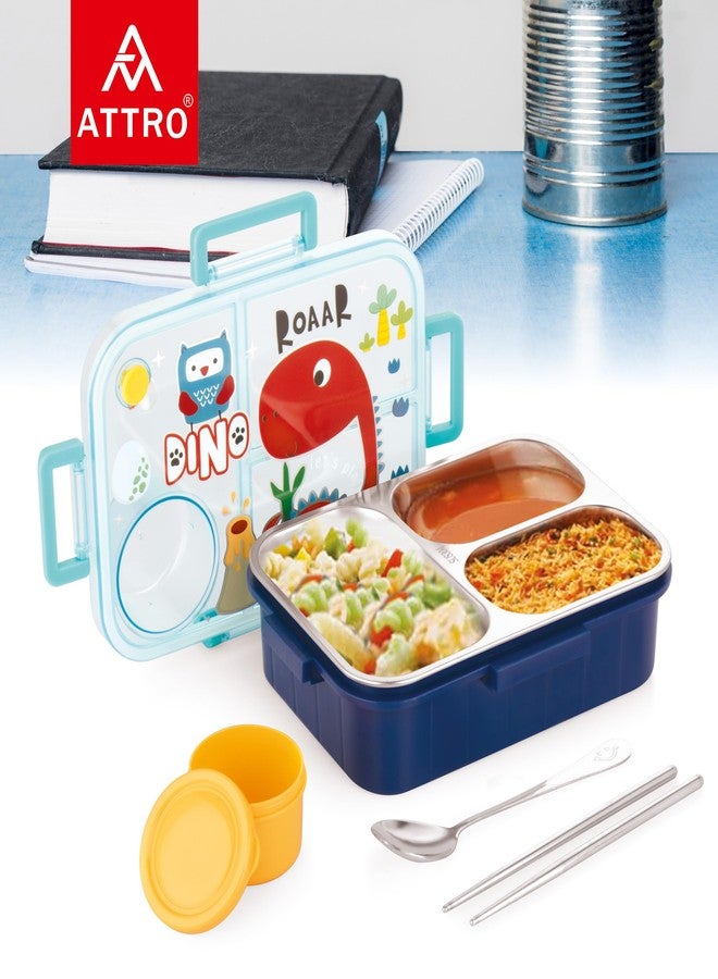 ATTRO Bestie Kids Lunch Box Dinosaur Printed with Inner Stainless Steel 3 Compartment 1 Small Container Air-Tight Leakproof BPA Free 750ml+80ml- Dark Blue - Image 2